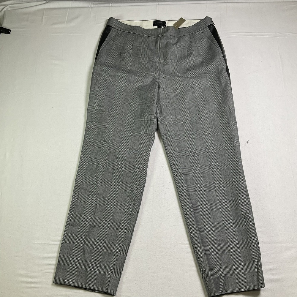 J Crew Women Sz 10 Martie Pant Faux Leather Blck Strpe Glen Plaid Wool Blend 679